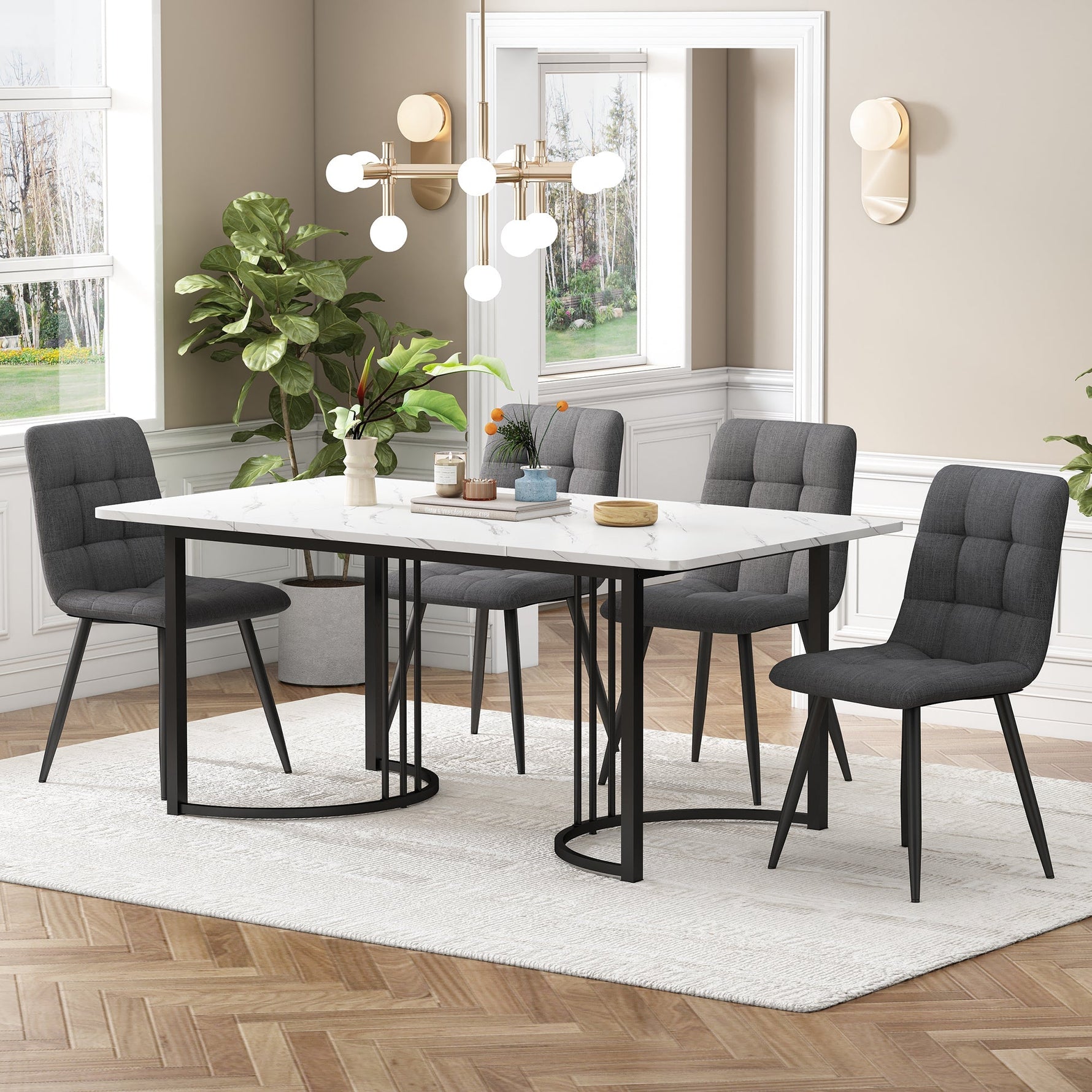 Dining Set 5-Piece 140x80cm Modern Kitchen 4 Chairs Black Legs - White MDF Dark Grey Linen
