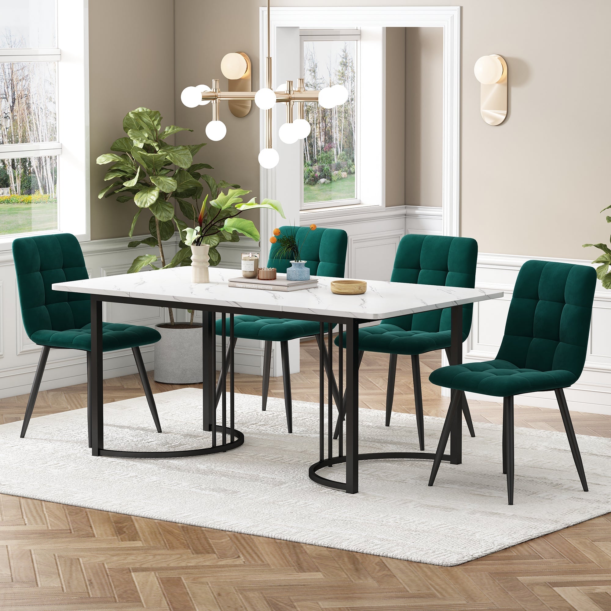 Dining Set 5-Piece 140x80cm Table White MDF Black Metal Legs Dark Green Velvet