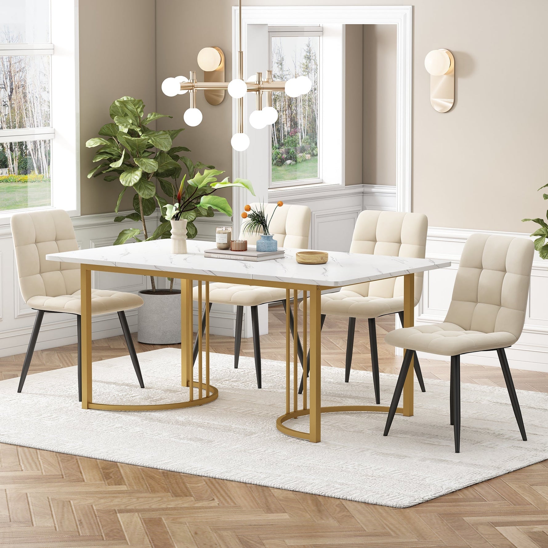 5-Piece Dining Set 140x80cm Modern Kitchen Table White MDF Beige Velvet