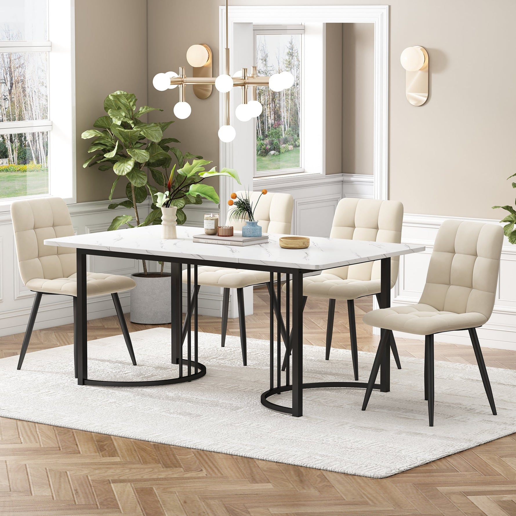 5-Piece Dining Set 140x80cm Modern Kitchen Table 4 Chairs White MDF Beige Velvet