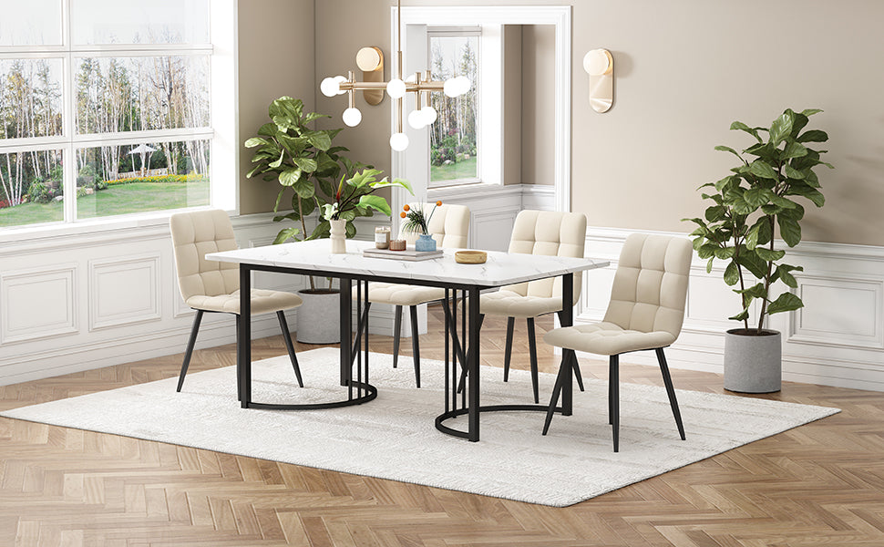 5-Piece Dining Set 140x80cm Modern Kitchen Table 4 Chairs White MDF Beige Velvet