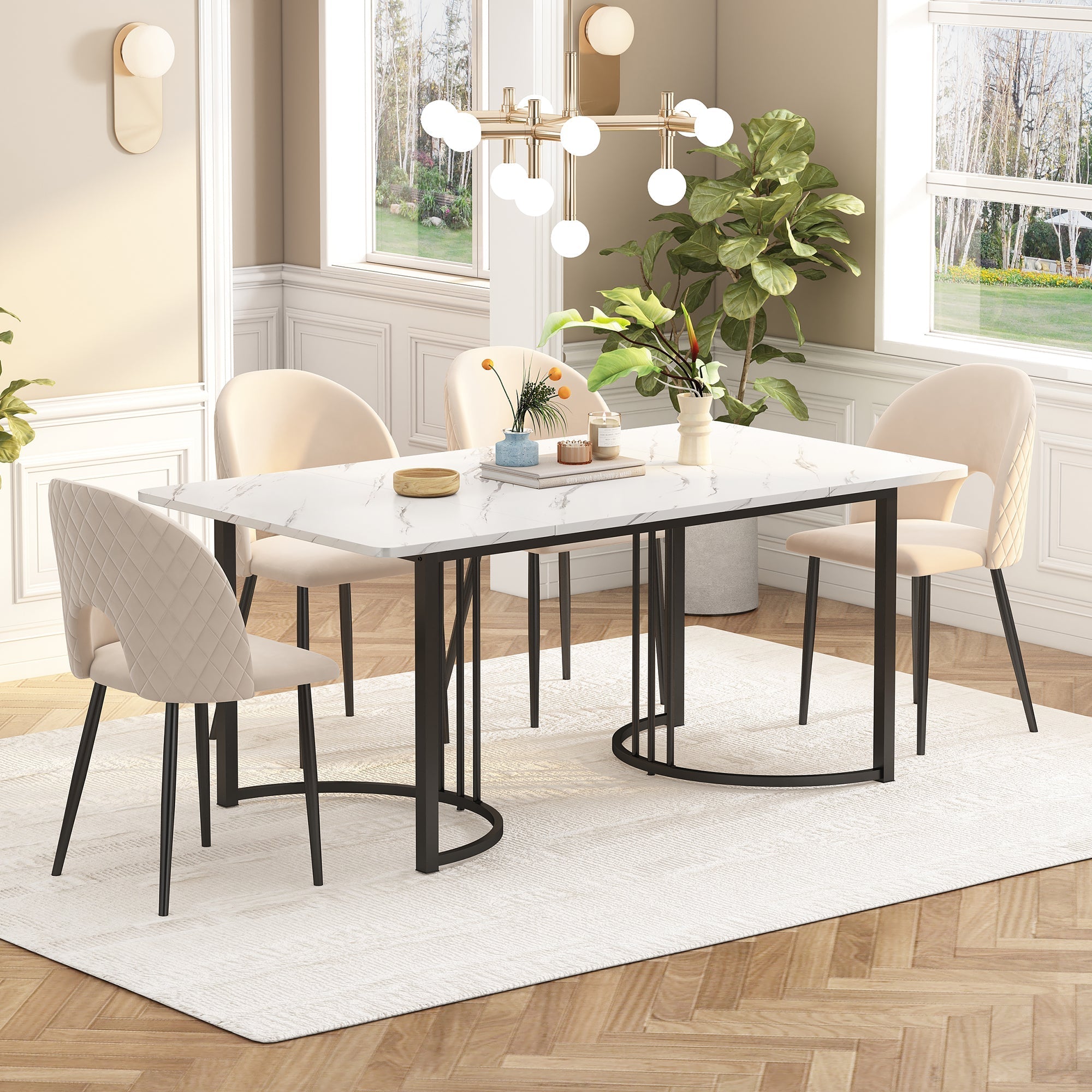 Rectangular Dining Table 140x80cm Modern Marble Pattern Adjustable Legs White/Black