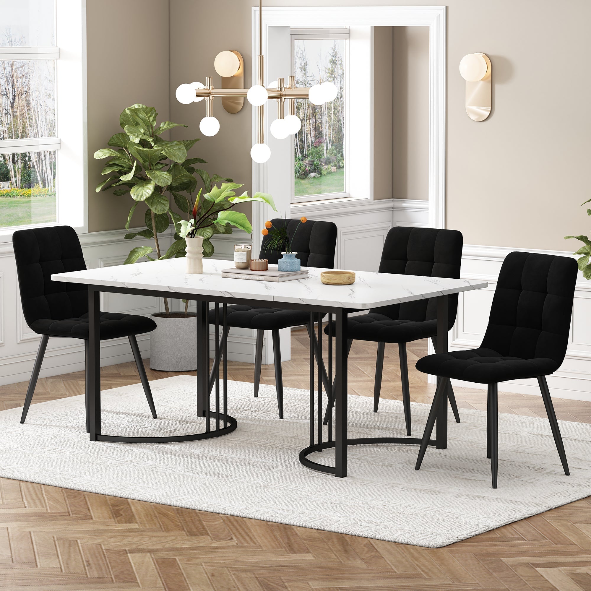 5-Piece Dining Set Modern 140x80cm Black Metal Legs White MDF/Black Velvet