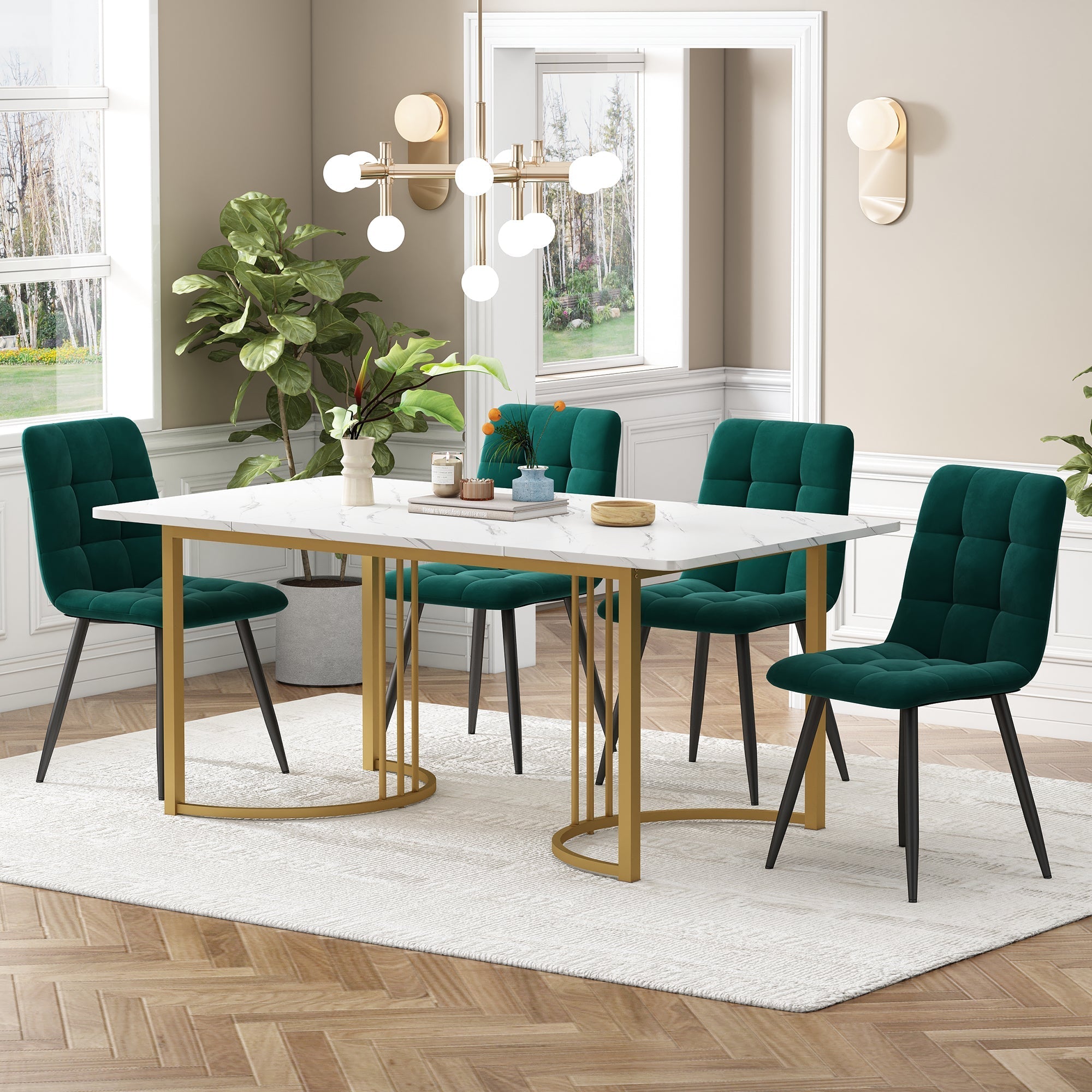 5-Piece Dining Set Modern 140x80cm Table 4 Chairs Gold Metal White MDF/Dark Green Velvet