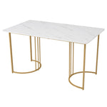 5-Piece Dining Set 140x80cm Table 4 Chairs Gold Metal Legs White MDF Dark Grey Linen