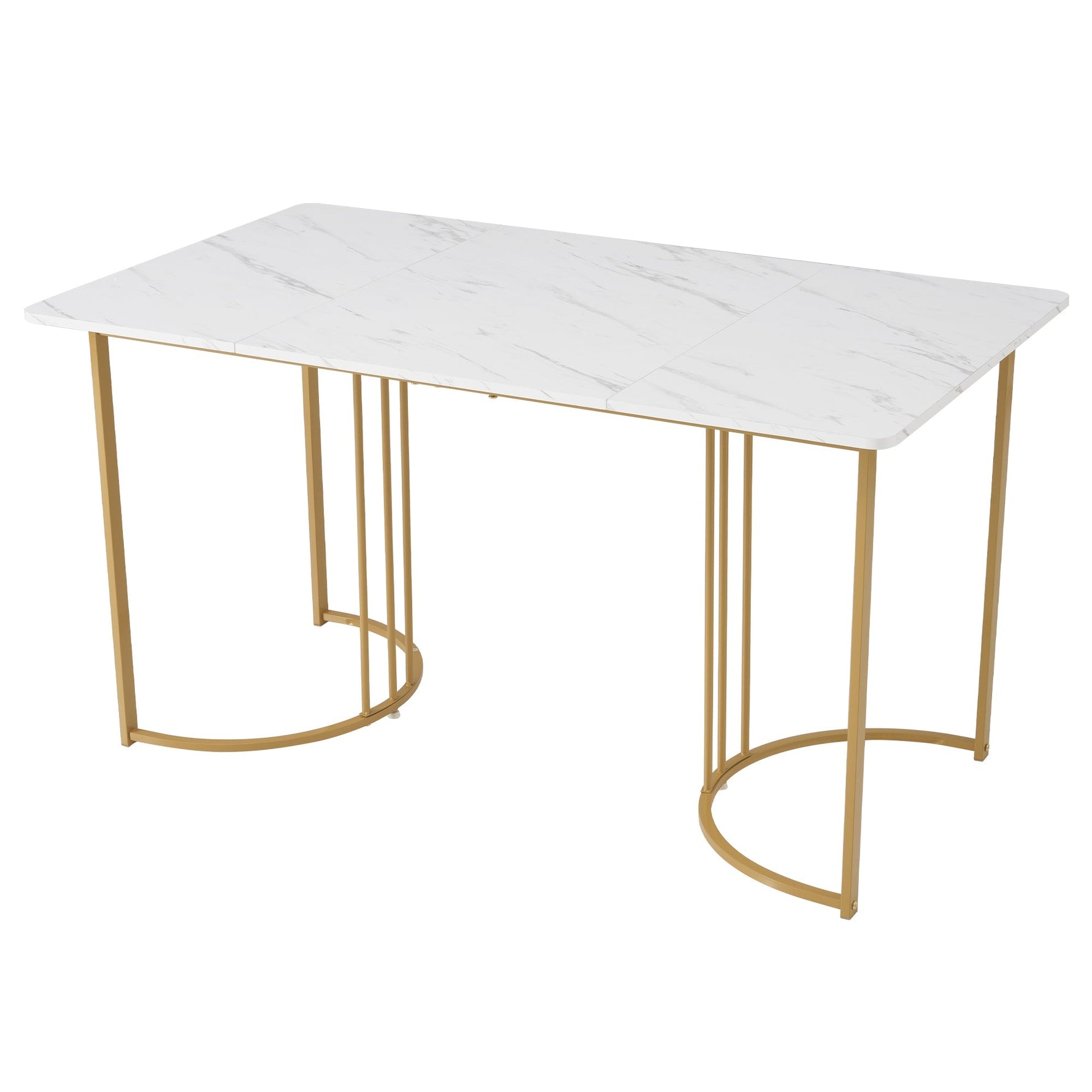 5-Piece Dining Set 140x80cm Table 4 Chairs Gold Metal Legs White MDF Dark Grey Linen
