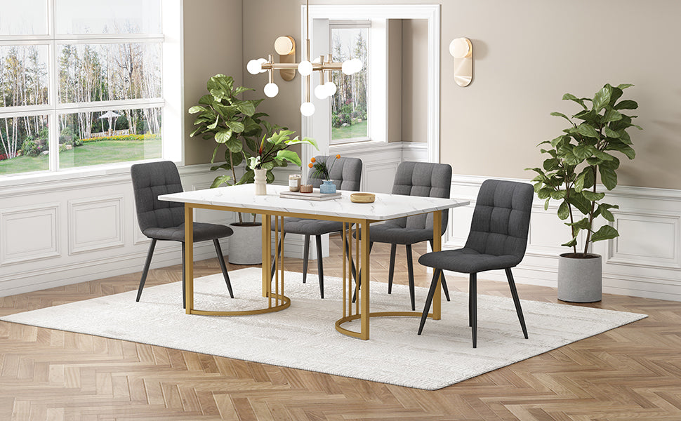 5-Piece Dining Set 140x80cm Table 4 Chairs Gold Metal Legs White MDF Dark Grey Linen