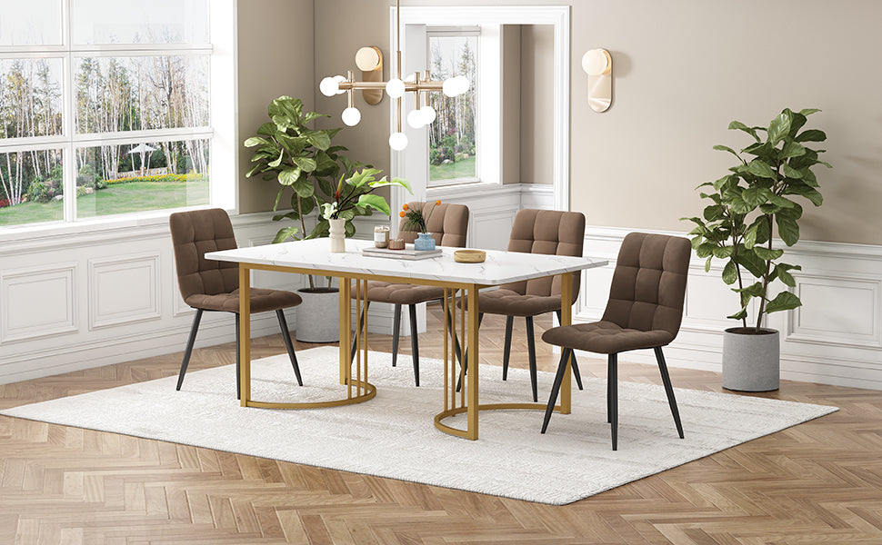 5-Piece Dining Set Modern 140x80cm Table 4 Chairs Gold Legs White MDF Brown Velvet
