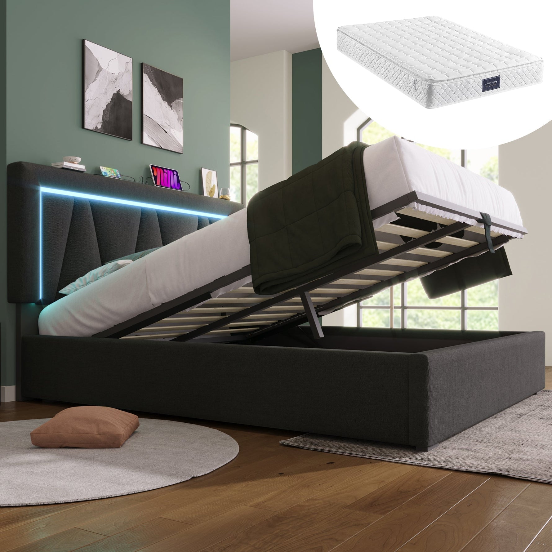 Upholstered Double Bed with LED, USB-C Charging and Storage, 160x200cm, Grey Linen (With Mattress)