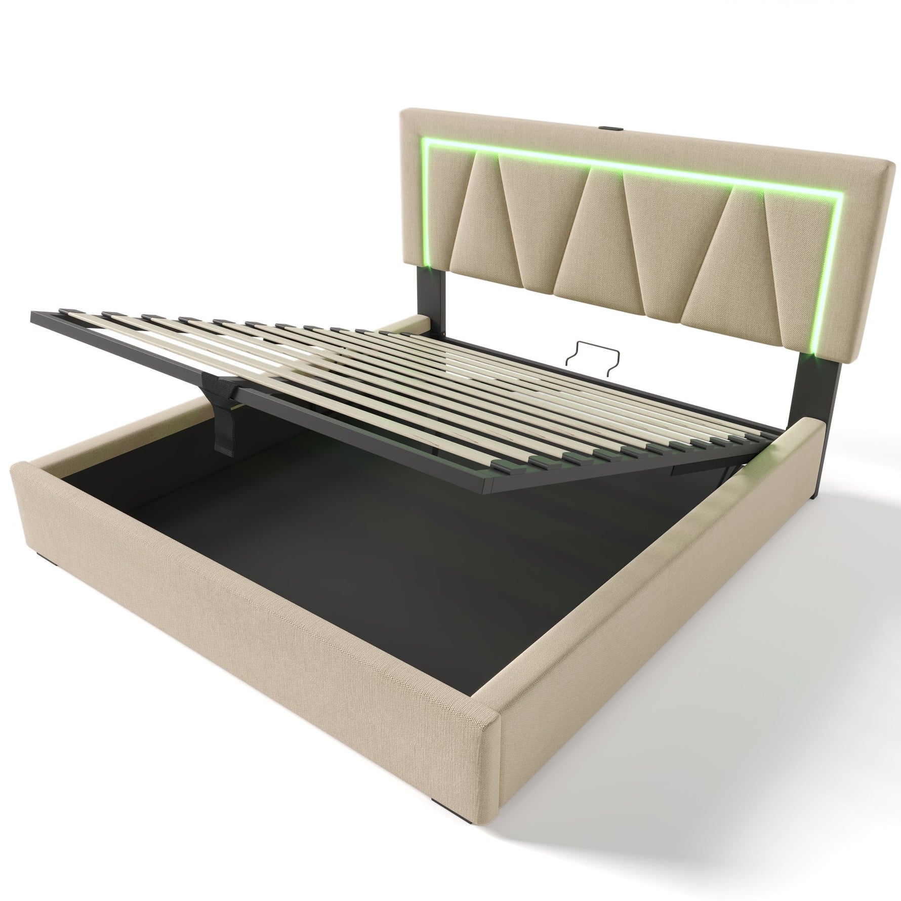 Upholstered Bed, 140x200 LED Double with USB-C Charging, Storage, Linen