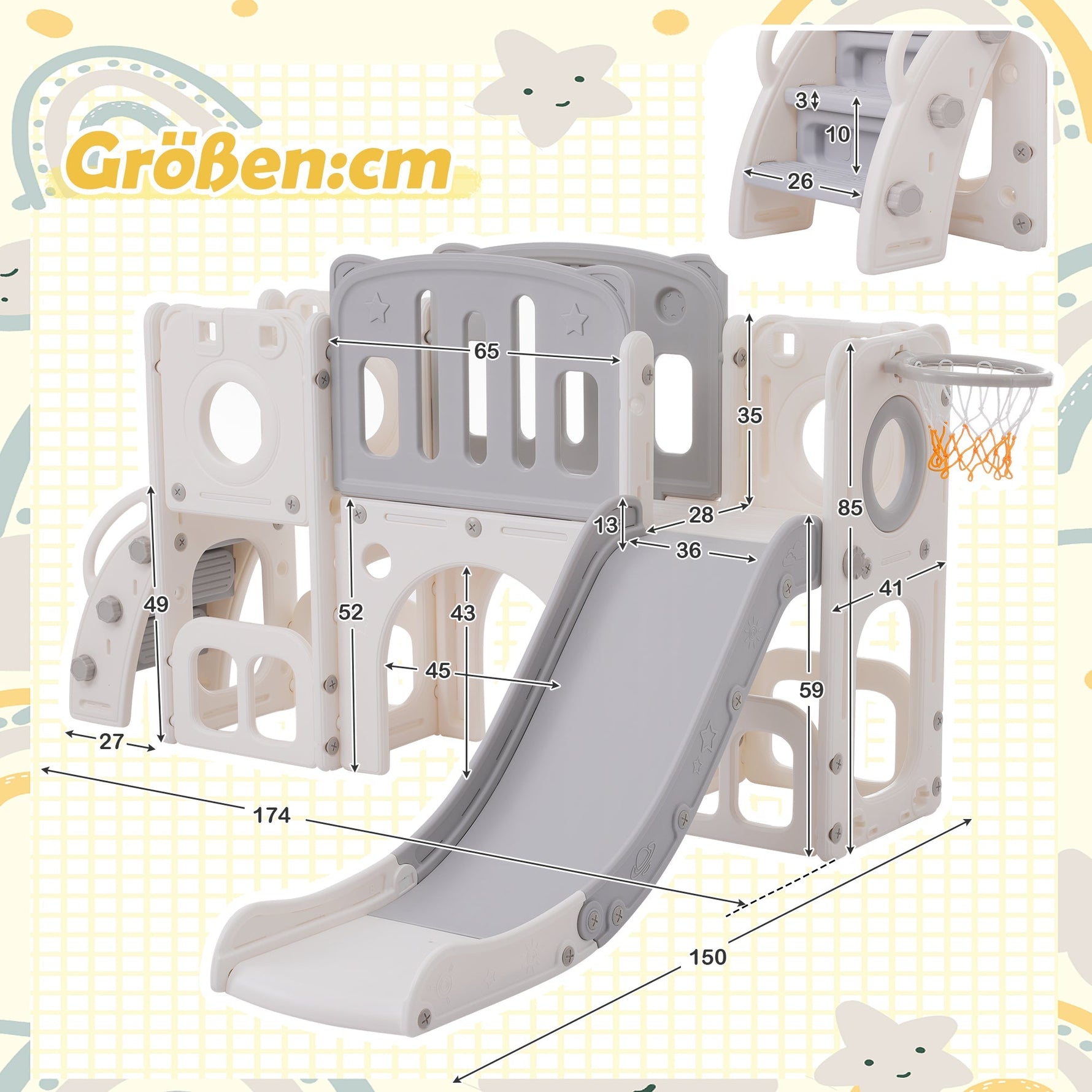 Bears Kids 6-in-1 Slide, one slide, two platforms, two floor cabinets, basketball hoop and stairs, high-density polyethylene