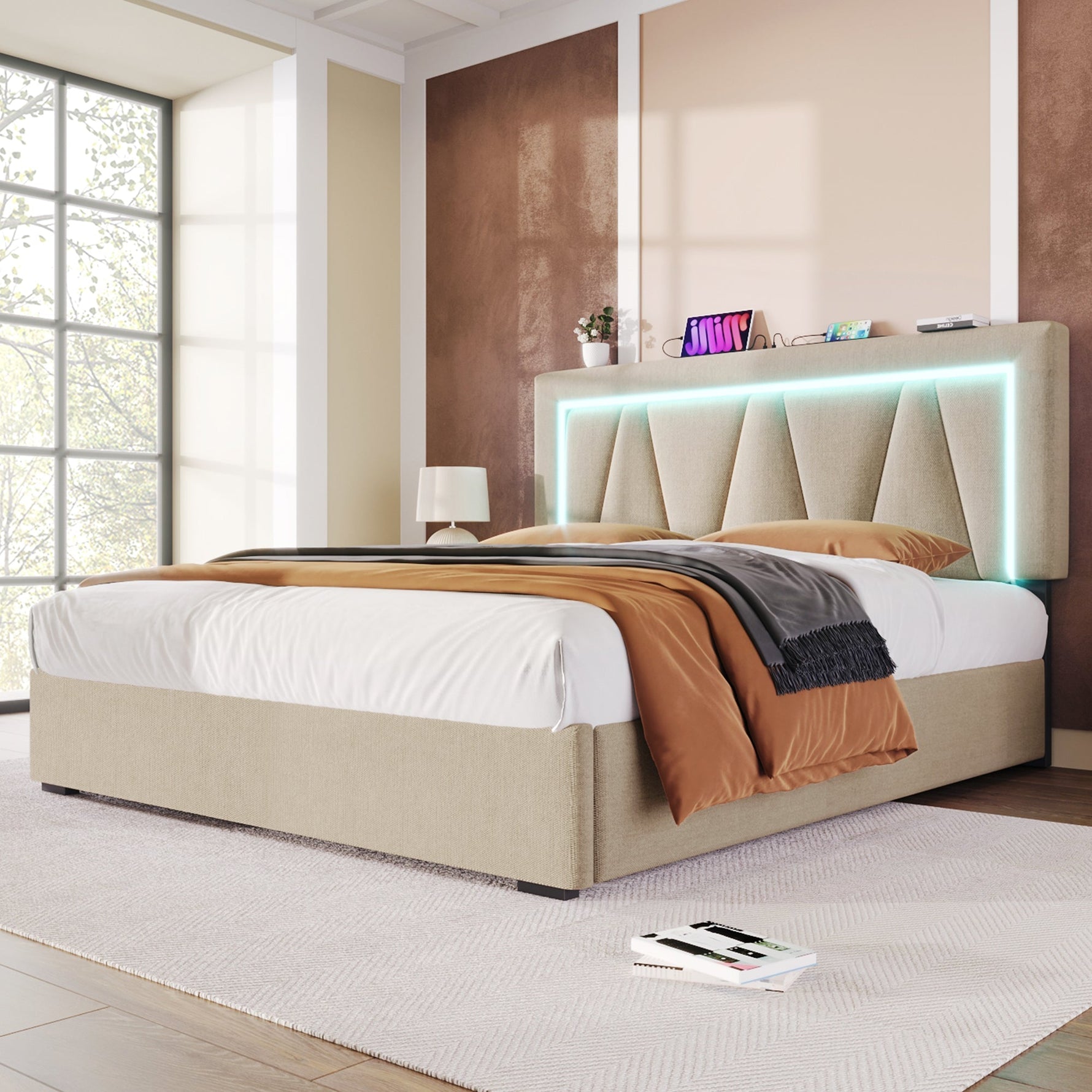 Upholstered Bed, 140x200 LED Double with USB-C Charging, Storage, Linen
