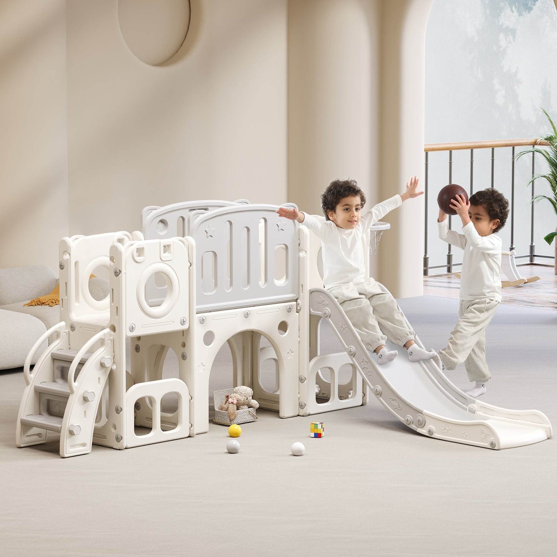 Bears Kids 6-in-1 Slide, one slide, two platforms, two floor cabinets, basketball hoop and stairs, high-density polyethylene