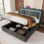 Upholstered Bed, LED Double with USB Type C & Storage, Linen