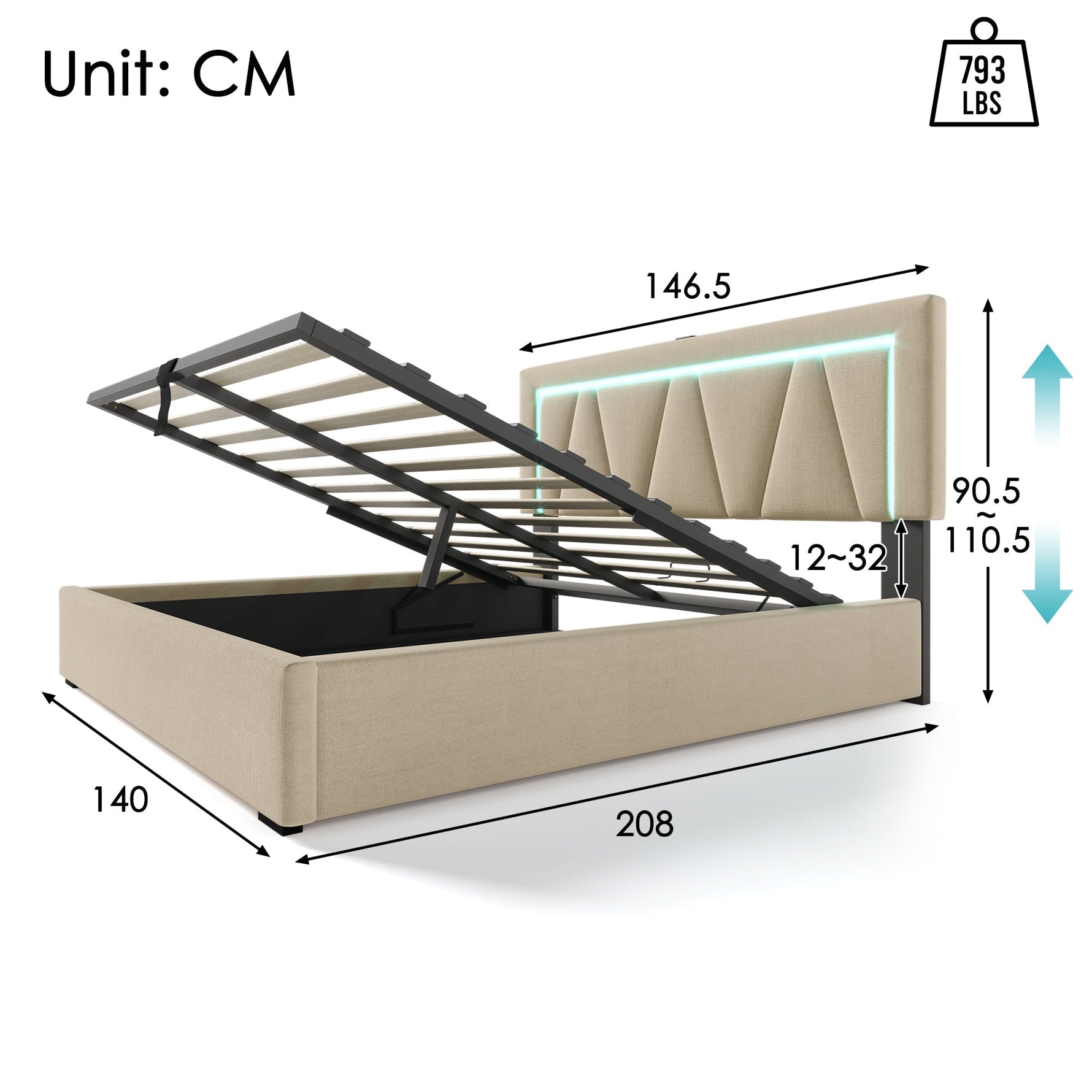 Upholstered Bed, 140x200 LED Double with USB-C Charging, Storage, Linen