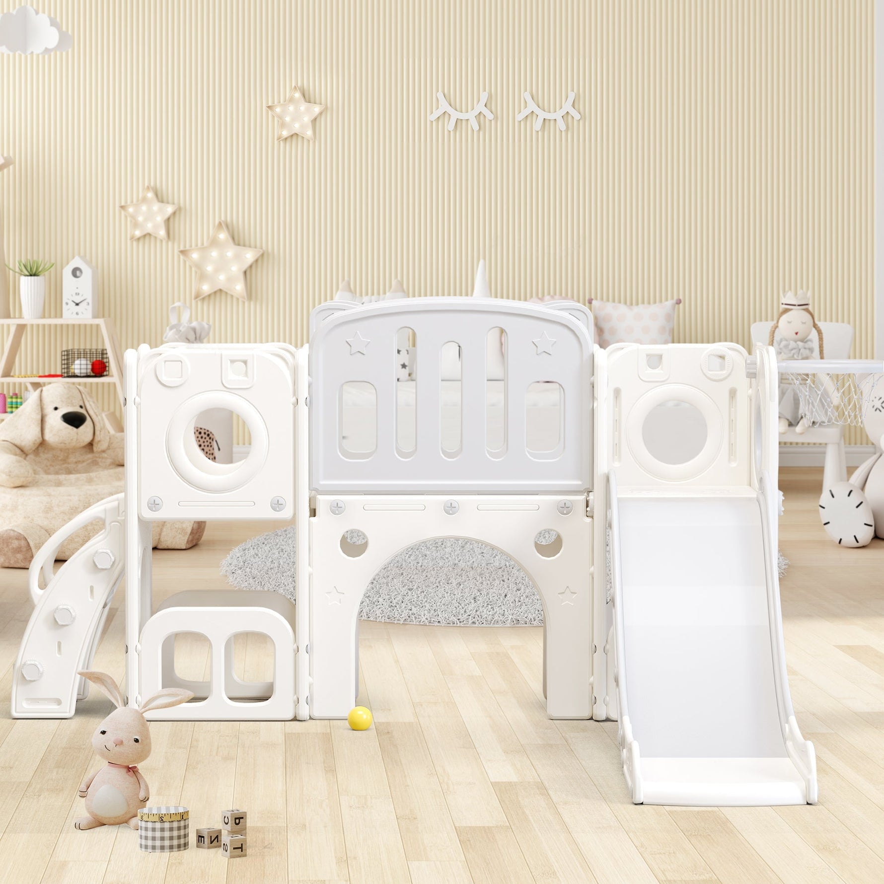 Bears Kids 6-in-1 Slide, one slide, two platforms, two floor cabinets, basketball hoop and stairs, high-density polyethylene