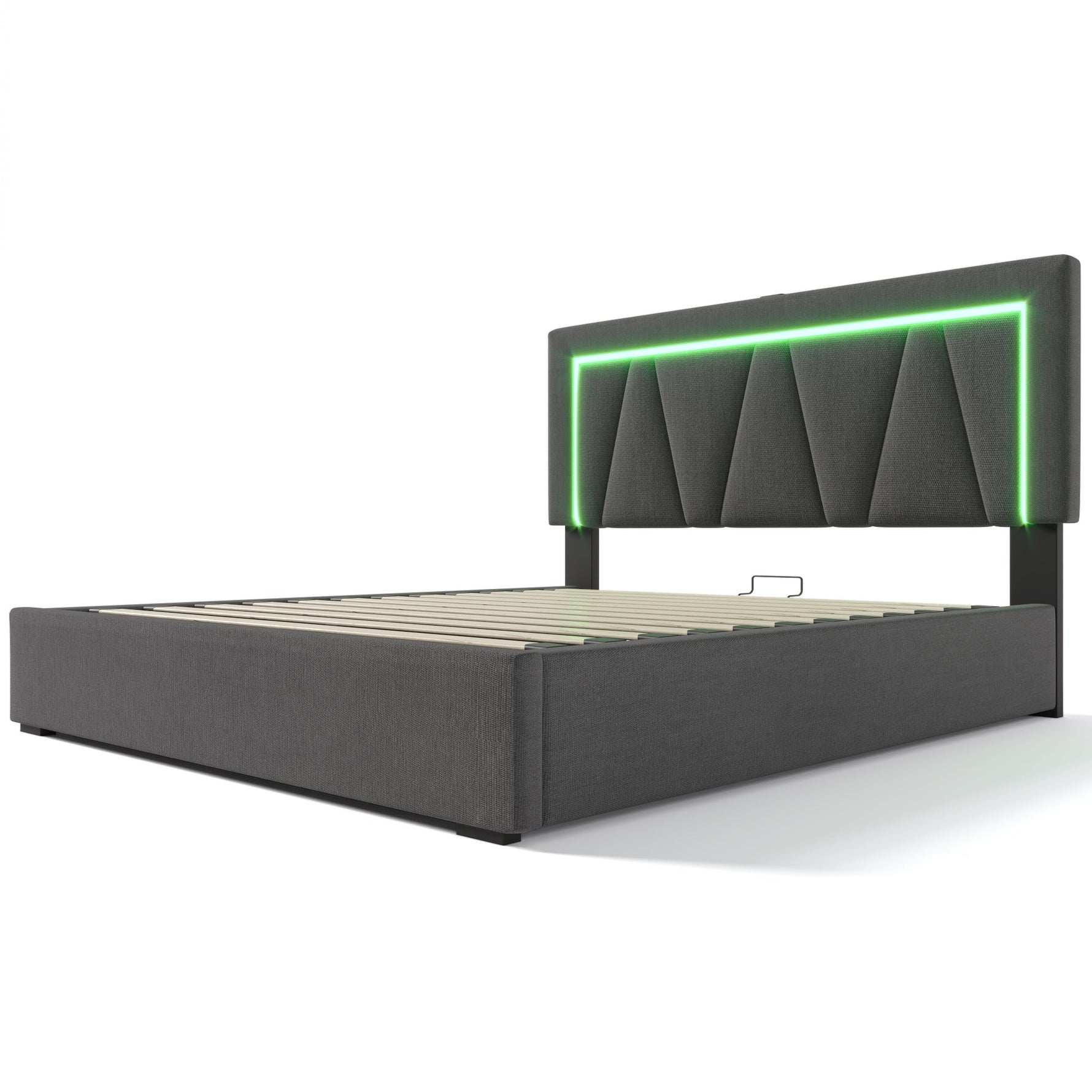 Upholstered Double Bed with LED, USB-C Charging and Storage, 160x200cm, Grey Linen (With Mattress)