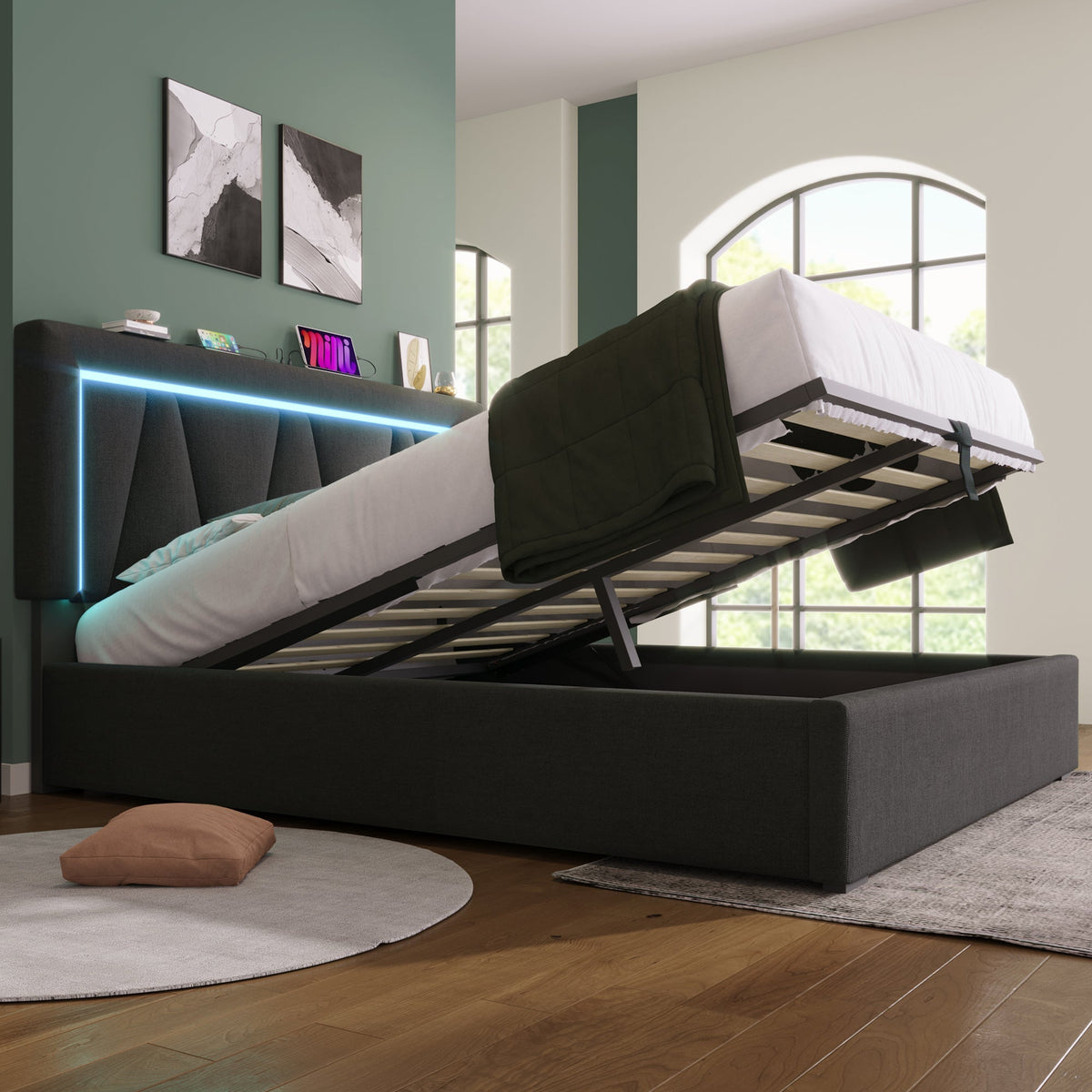 Upholstered Bed, LED Double with USB Type C & Storage, Linen
