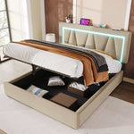 Upholstered Bed, 140x200 LED Double with USB-C Charging, Storage, Linen