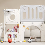 Bears Kids 6-in-1 Slide, one slide, two platforms, two floor cabinets, basketball hoop and stairs, high-density polyethylene