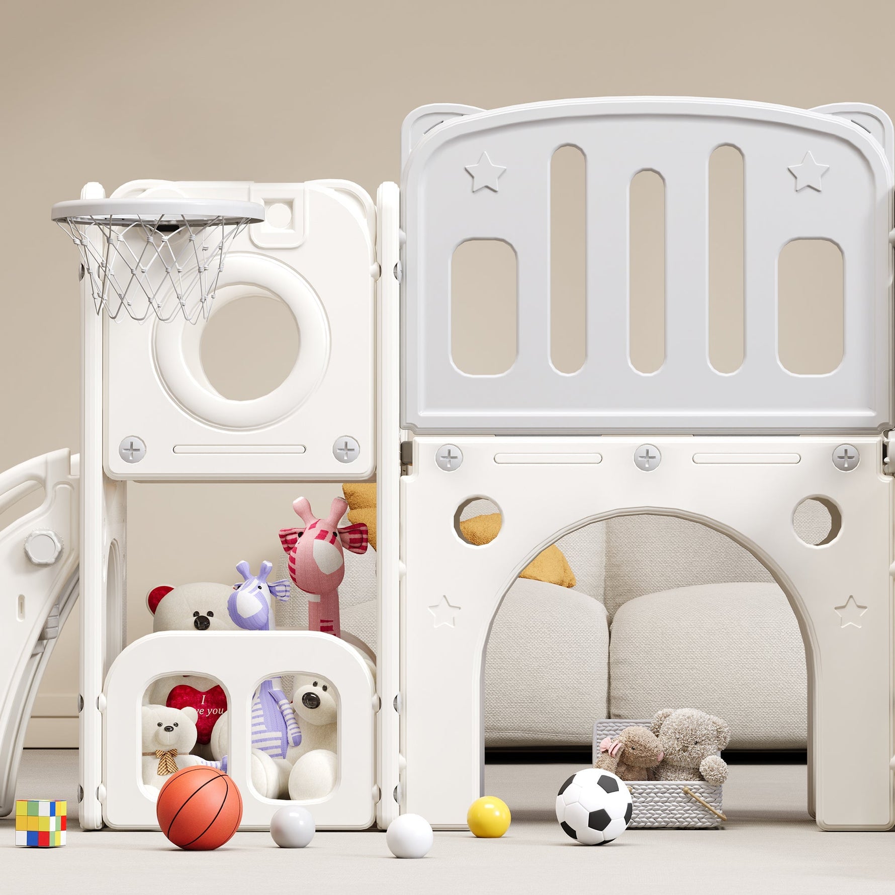 Bears Kids 6-in-1 Slide, one slide, two platforms, two floor cabinets, basketball hoop and stairs, high-density polyethylene