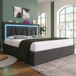 Upholstered Double Bed with LED, USB-C Charging and Storage, 160x200cm, Grey Linen (With Mattress)