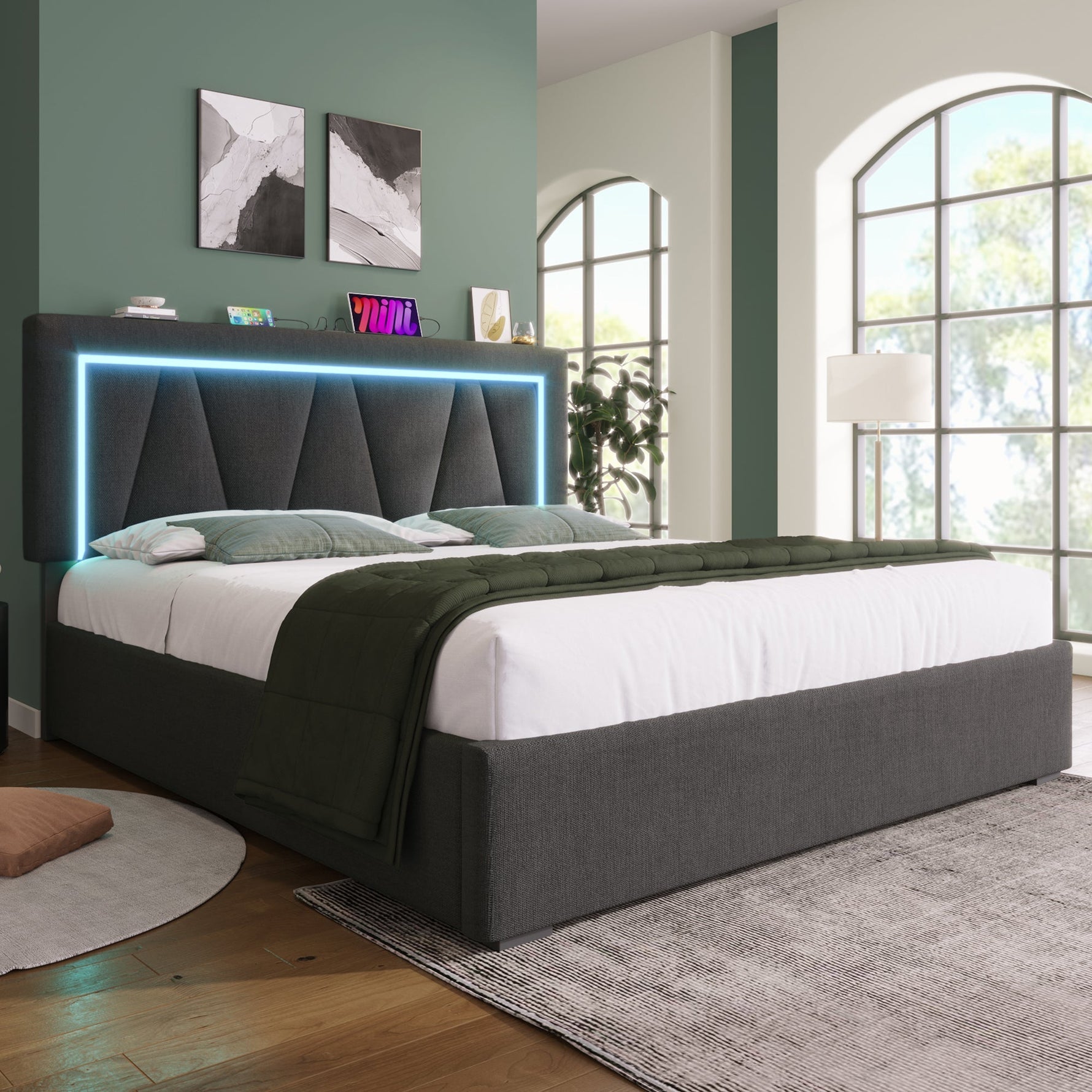 Upholstered Double Bed with LED, USB-C Charging and Storage, 160x200cm, Grey Linen (With Mattress)