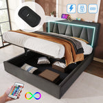 Upholstered Double Bed with LED, USB-C Charging and Storage, 160x200cm, Grey Linen (With Mattress)