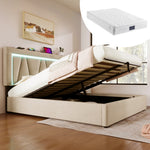 Upholstered Bed, 140x200 LED Double with USB-C Charging, Storage, Linen