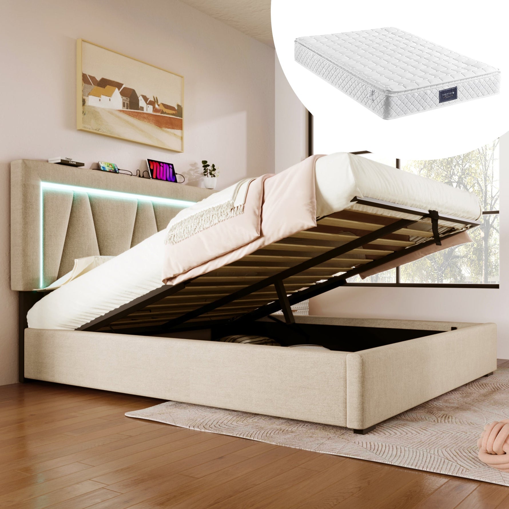 Upholstered Bed, 140x200 LED Double with USB-C Charging, Storage, Linen