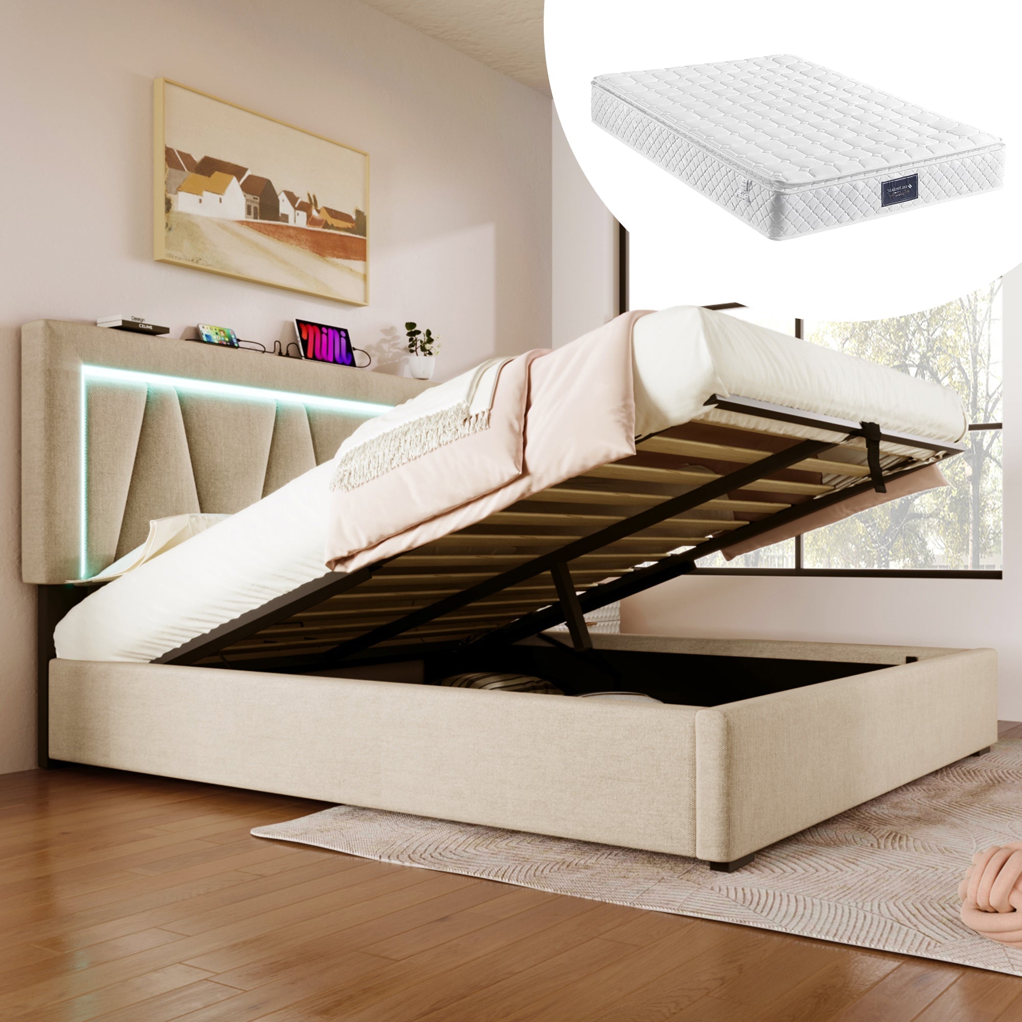Upholstered Bed, LED Double Bed with USB Type C, 160x200, Linen