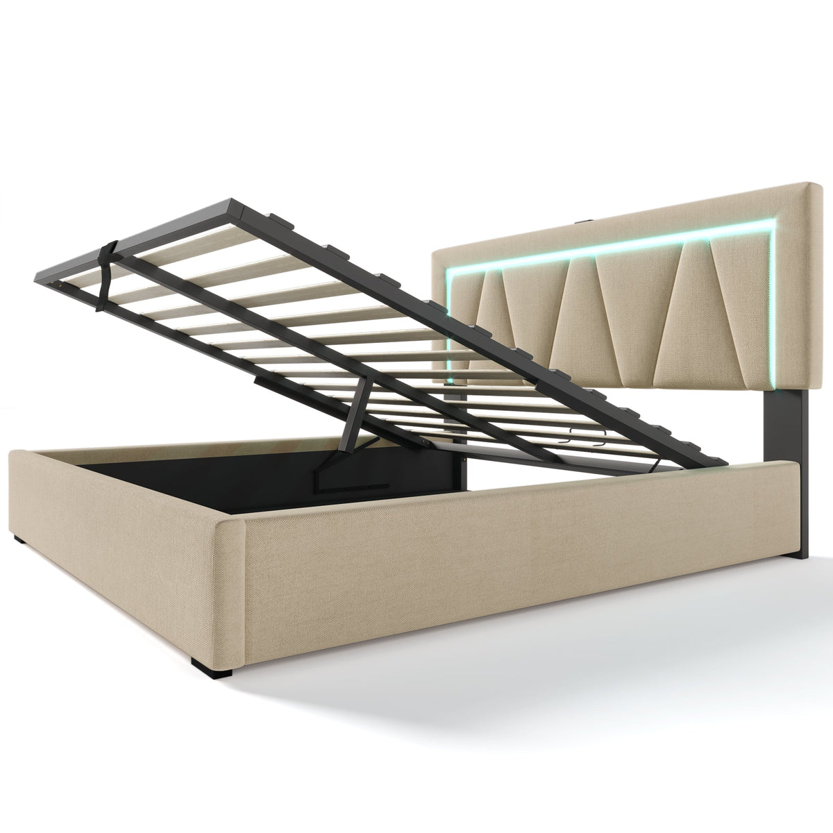 Upholstered Bed, LED Double with USB & Type C Charging, Linen