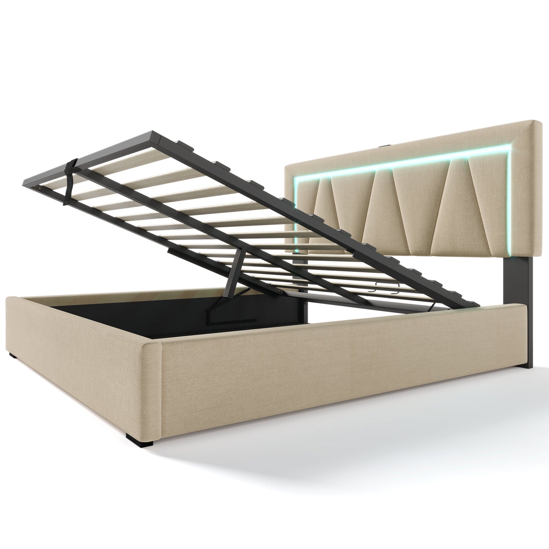 Upholstered Bed, 140x200 LED Double with USB-C Charging, Storage, Linen