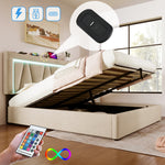 Upholstered Bed, 140x200 LED Double with USB-C Charging, Storage, Linen