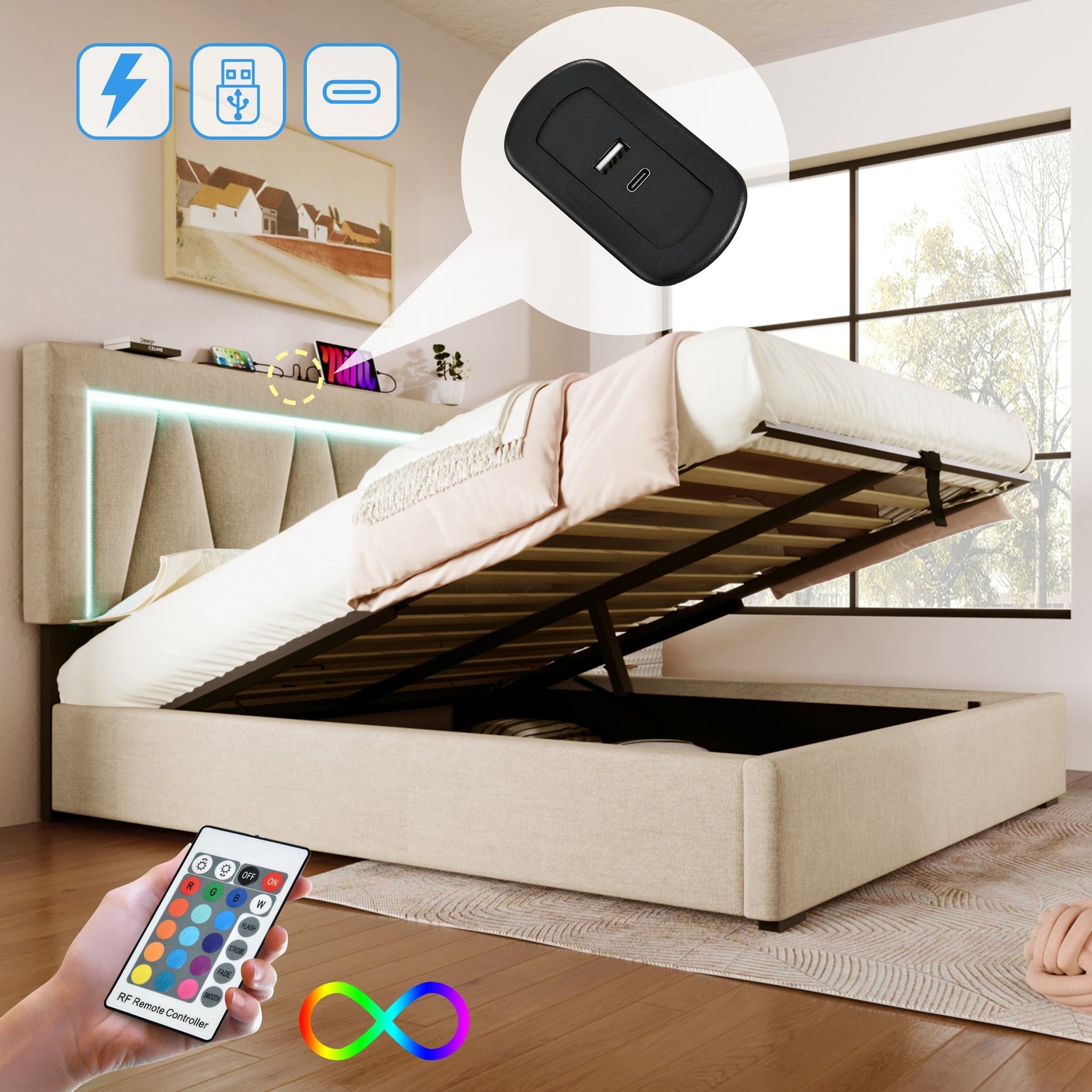 Upholstered Bed, 140x200 LED Double with USB-C Charging, Storage, Linen
