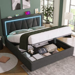 Upholstered Double Bed with LED, USB-C Charging and Storage, 160x200cm, Grey Linen (With Mattress)