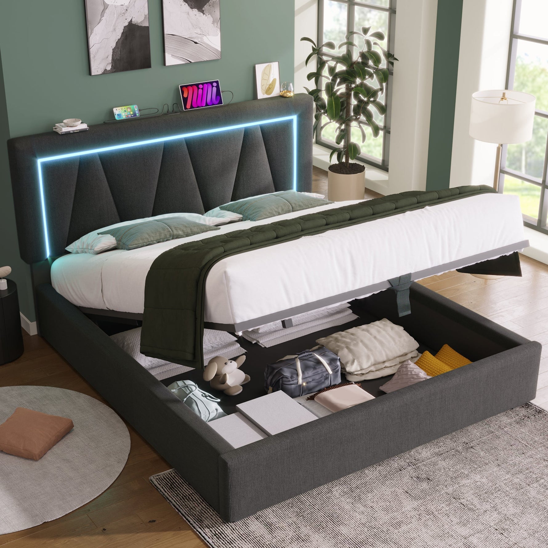 Upholstered Double Bed with LED, USB-C Charging and Storage, 160x200cm, Grey Linen (With Mattress)