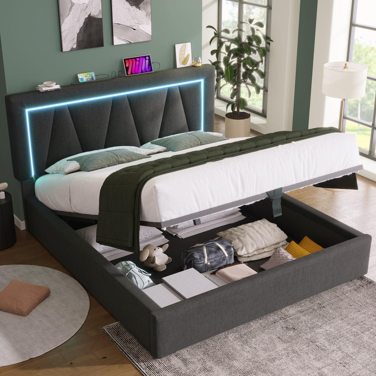 House Loft Bed 90x200cm with Slide, Stairs & LED, Pink Metal