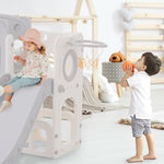 Bears Kids 6-in-1 Slide, one slide, two platforms, two floor cabinets, basketball hoop and stairs, high-density polyethylene