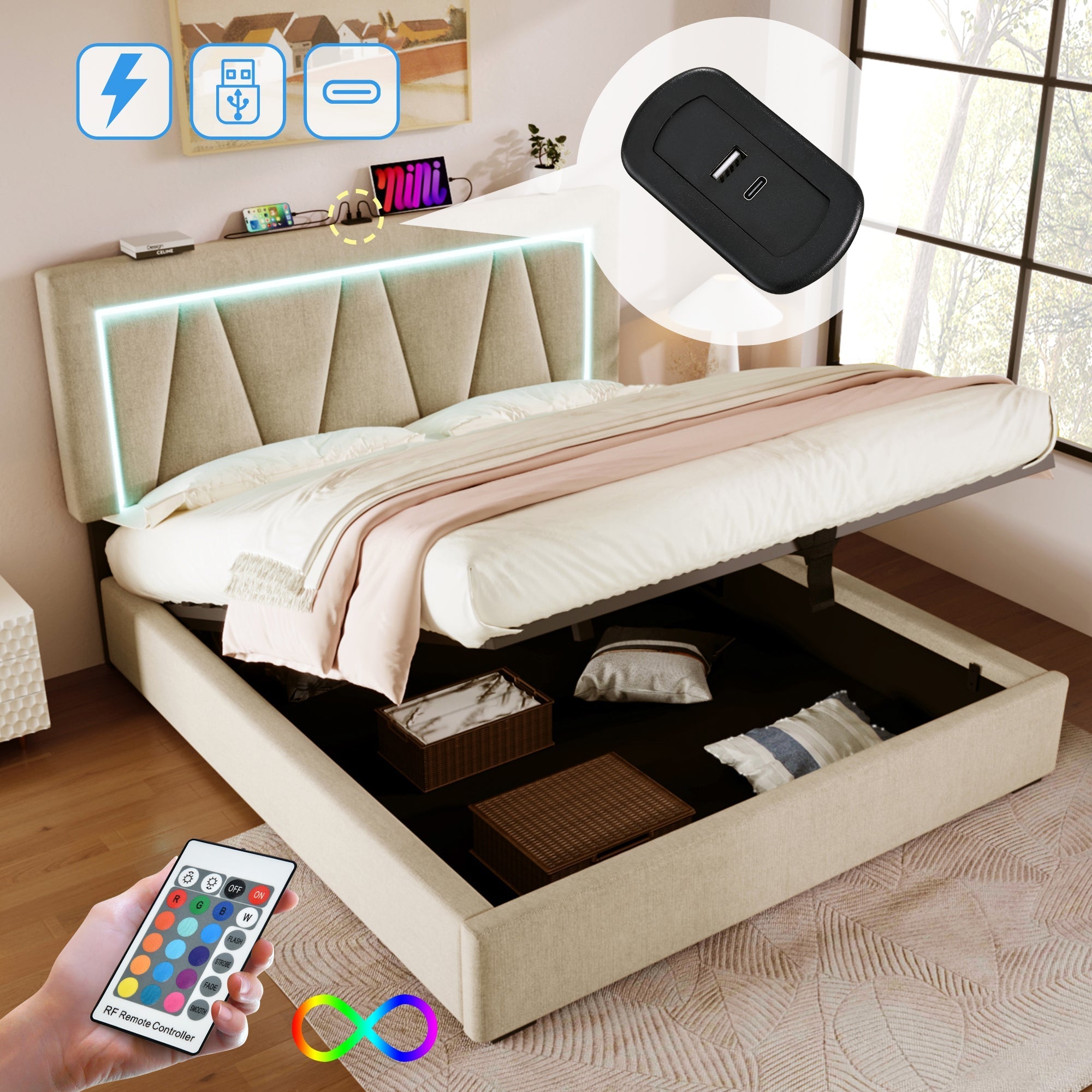 Upholstered Bed 160x200 LED USB-C Storage, Linen