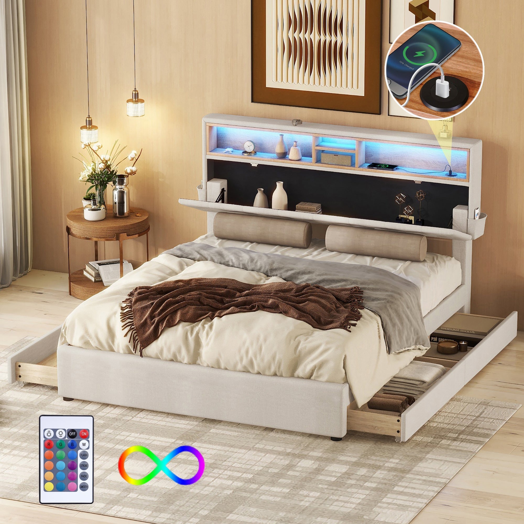 Upholstered Double Bed with USB Charging, LED Lighting and 4 Drawers, Beige
