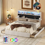 Upholstered Double Bed with USB Charging, LED Lighting and 4 Drawers, Beige