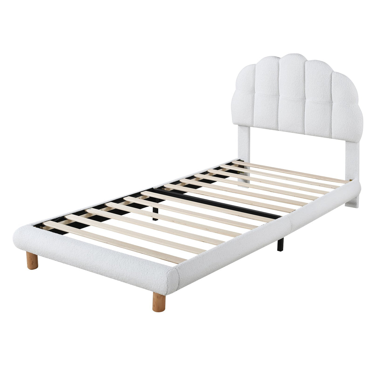 Upholstered Single Bed 90x200cm Wooden Slatted Frame Imitation Fleece White