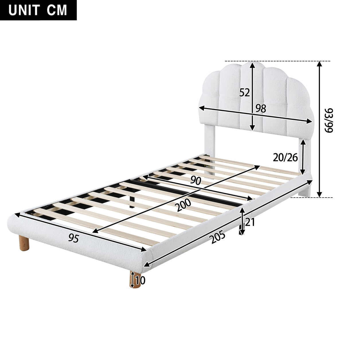 Upholstered Single Bed 90x200cm Wooden Slatted Frame Imitation Fleece White