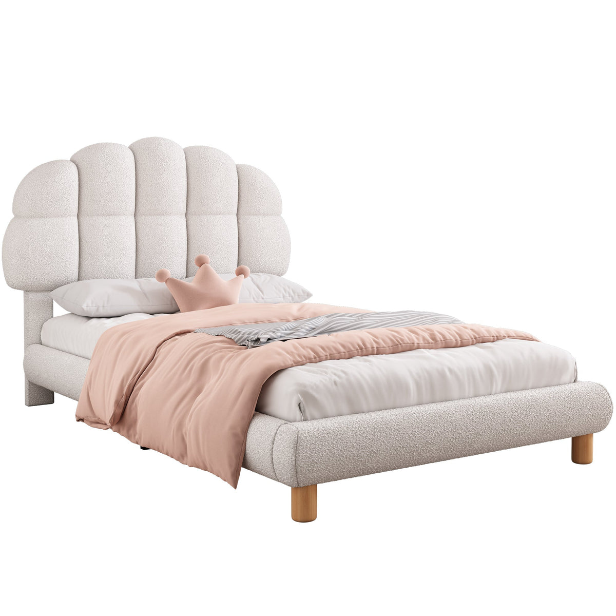 Upholstered Single Bed 90x200cm Wooden Slatted Frame Imitation Fleece White