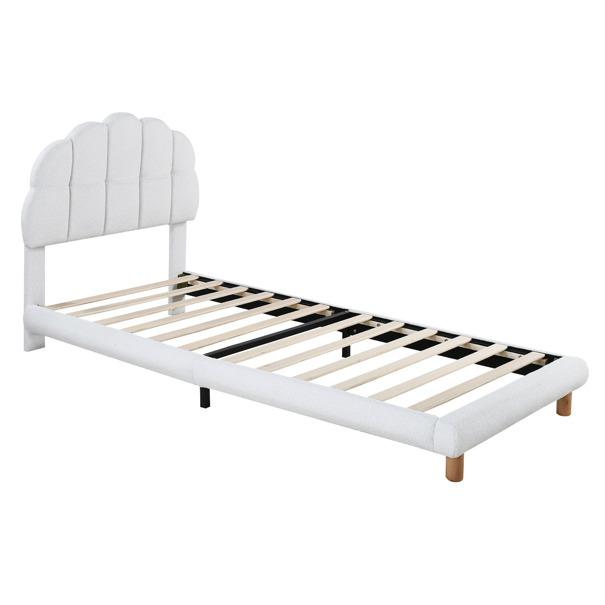 Upholstered Single Bed 90x200cm Wooden Slatted Frame Imitation Fleece White