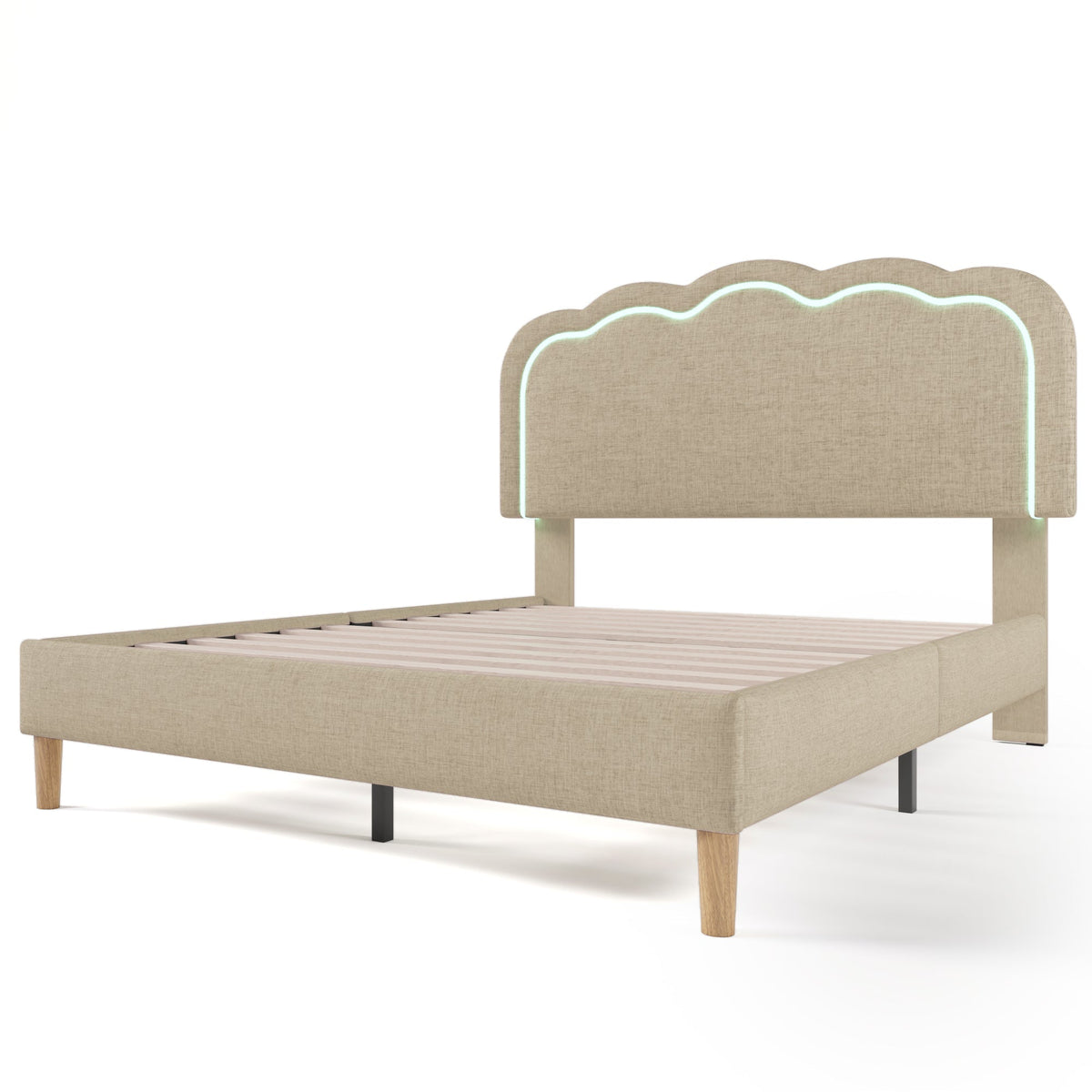 Upholstered Bed, 140x200cm LED Double with Adjustable Headboard, Beige Linen