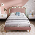 Upholstered bed LED single bed 90 x 190cm, bed frame with slatted frame and adjustable headboard, pink velvet