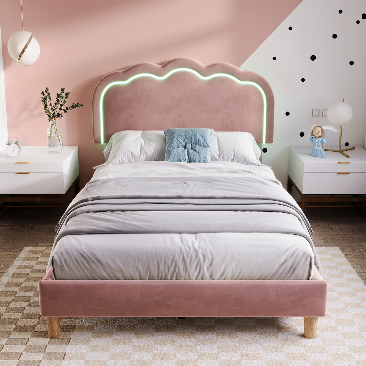 Upholstered bed LED single bed 90 x 190cm, bed frame with slatted frame and adjustable headboard, pink velvet