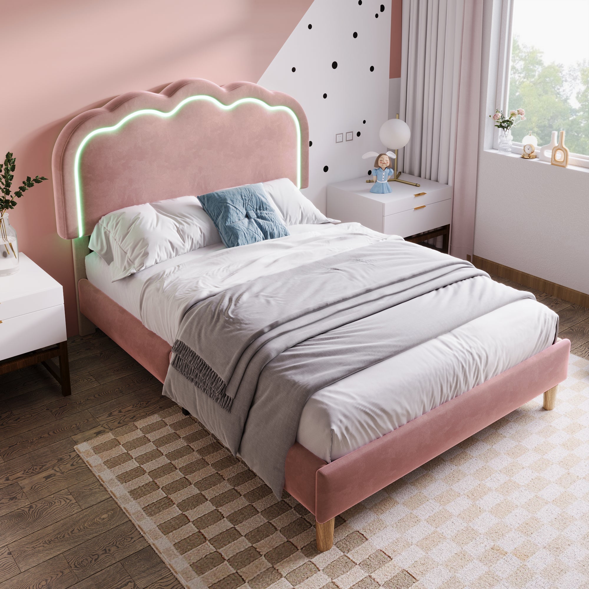 Upholstered bed LED single bed 90 x 190cm, bed frame with slatted frame and adjustable headboard, pink velvet